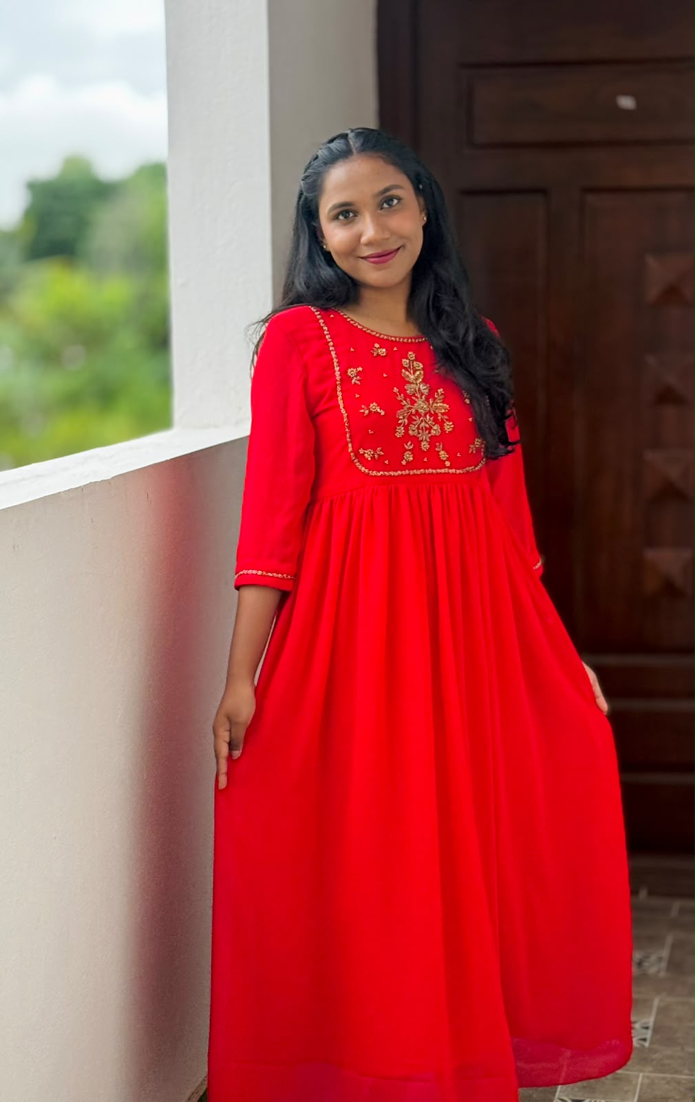 Hand‑Worked Red Georgette Dress with Embellished Yoke & Cuff