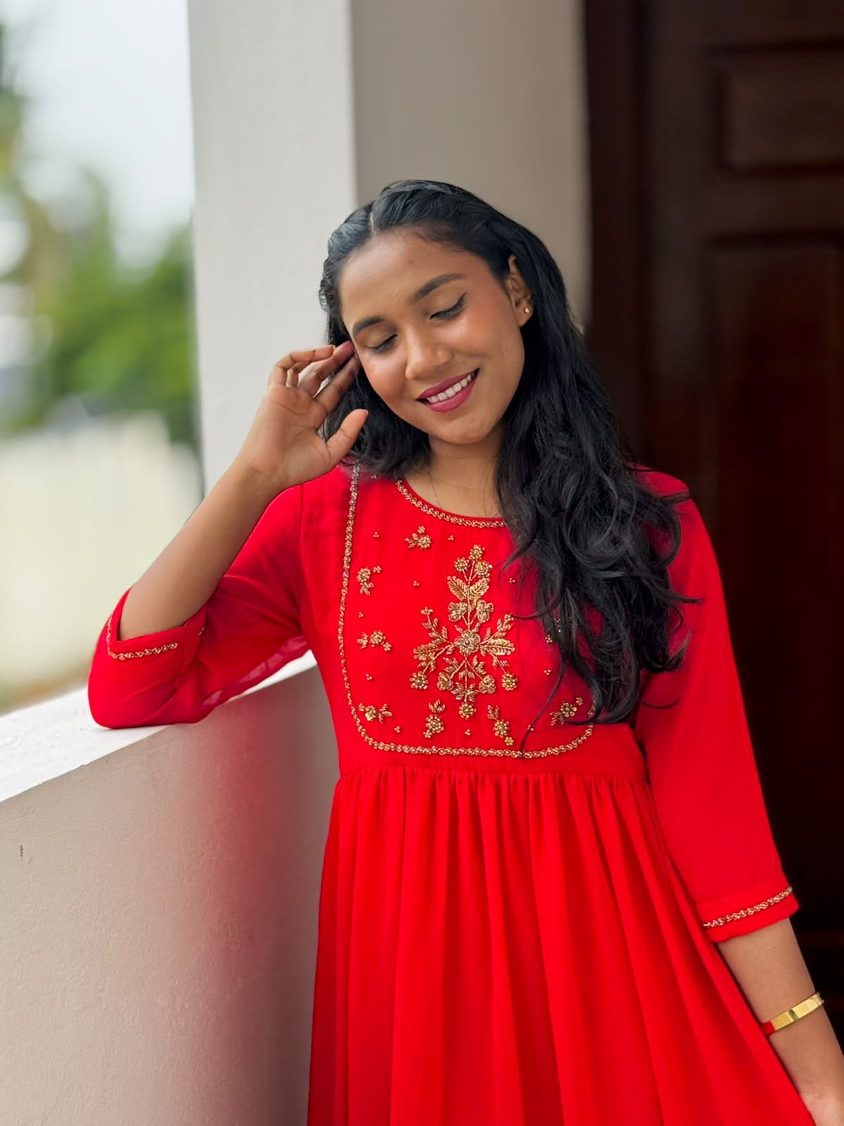 Hand‑Worked Red Georgette Dress with Embellished Yoke & Cuff