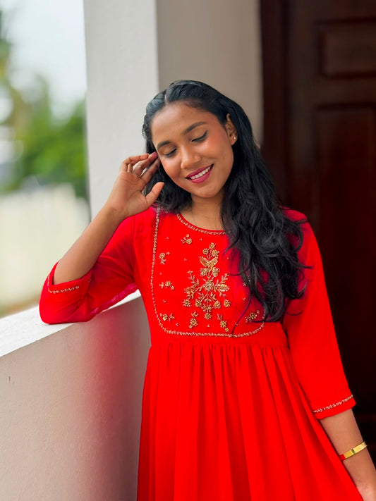 Hand‑Worked Red Georgette Dress with Embellished Yoke & Cuff
