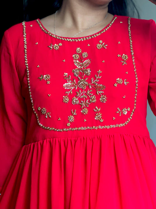 Hand‑Worked Red Georgette Dress with Embellished Yoke & Cuff