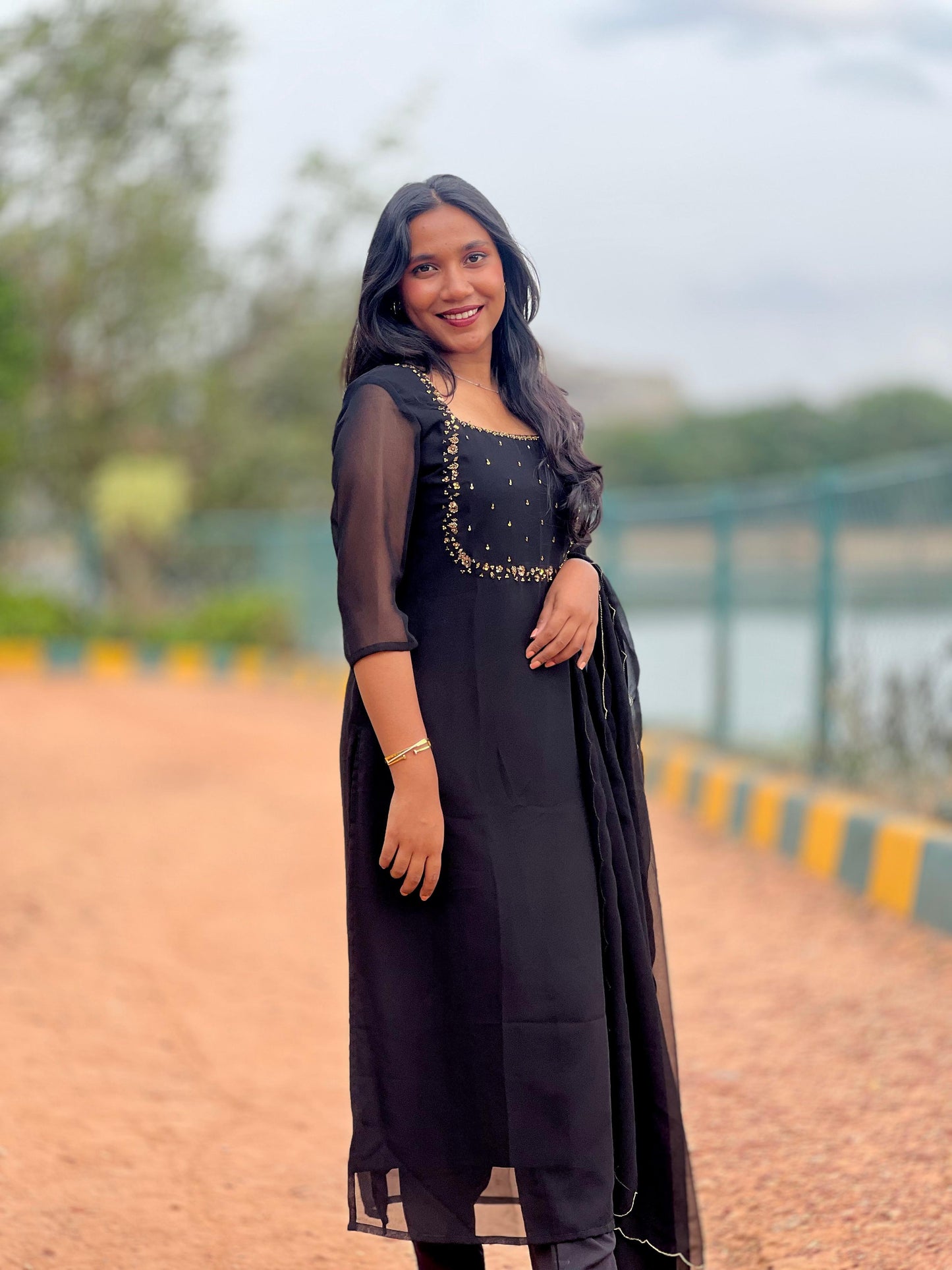 Hand‑Beaded Black & Red Georgette Anarkali with Scalloped Dupatta