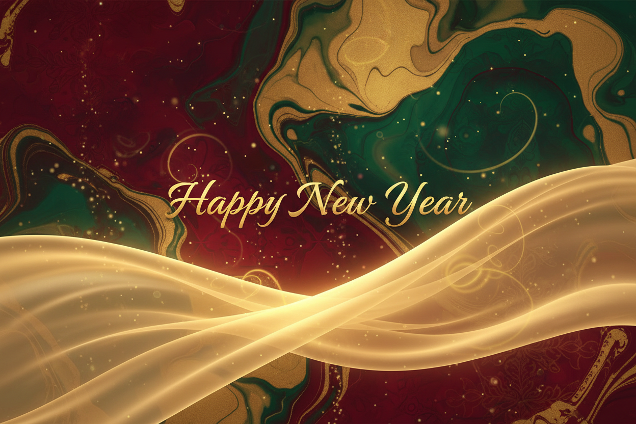 soft waves, warm lighting, festive abstract red-green-gold background. Caption: “Happy New Year.”