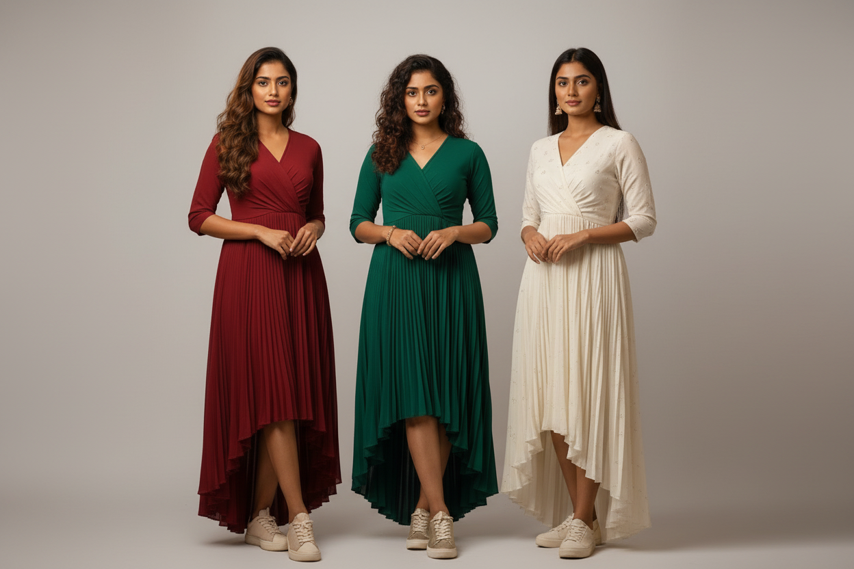 three elegant South Indian women, styled as Kerala models, standing confidently in front of a tall, lush Christmas tree. Each woman has distinct features typical of South Indian beauty — warm brown skin tones, expressive almond-shaped eyes, and long, dark, wavy hair styled naturally or in soft curls. They wear traditional-inspired festive dresses with a modern streetwear edge: one in deep crimson red, one in emerald green, and one in ivory white. The dresses are pleated and flow gracefully, paired with deli