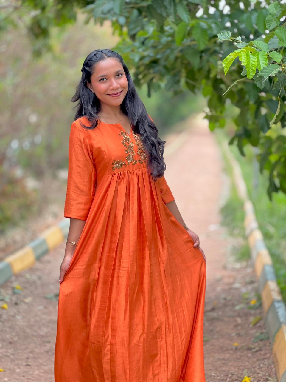 Hand‑Beaded Orange Vichitra Silk Midi Dress