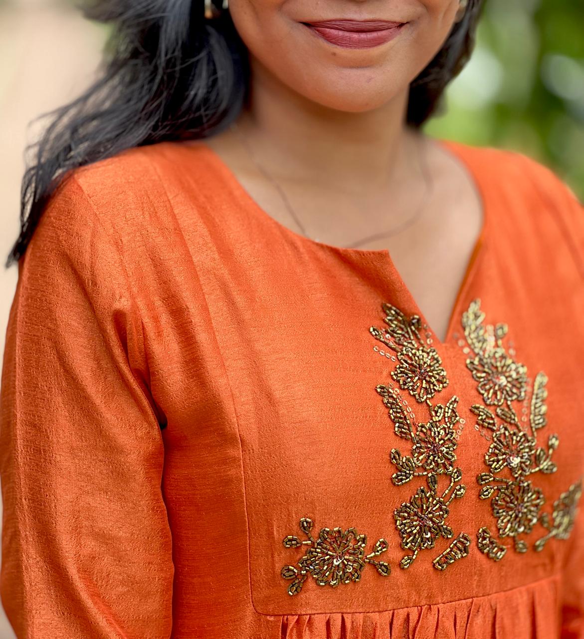 Hand‑Beaded Orange Vichitra Silk Midi Dress