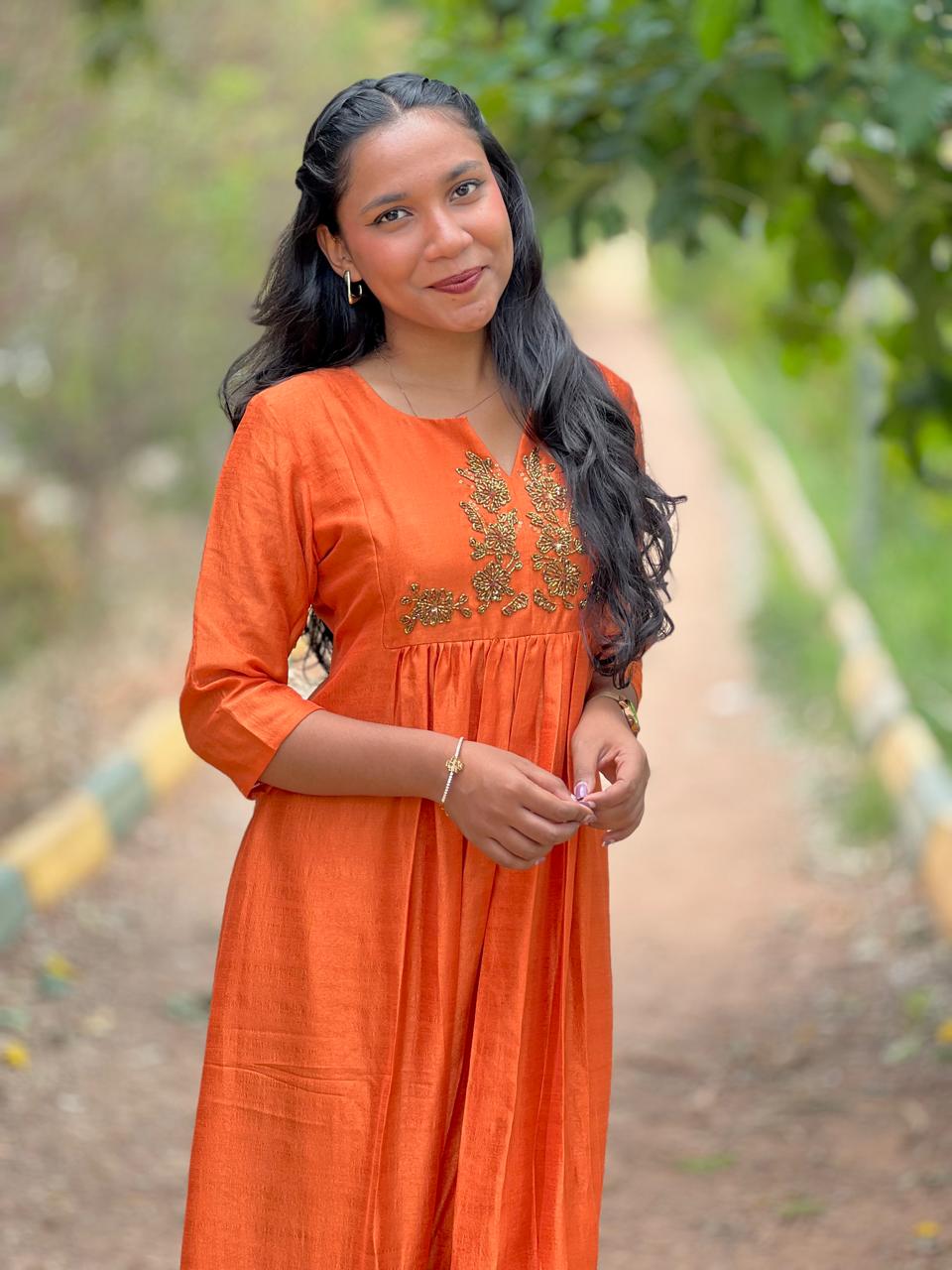 Hand‑Beaded Orange Vichitra Silk Midi Dress